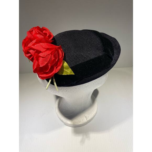 Vintage Carlot Juliet Velvet Red Roses Trimmed Black Fascinator Hat - Picture 8 of 8